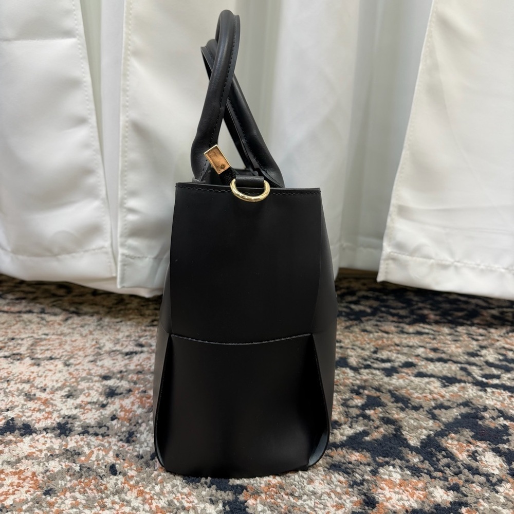 Valentina Fiore Black Smooth Italian Leather Woven Top Handle Satchel Bag - Picture 8 of 16